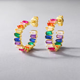 C Shape Rectangle Rainbow Zircon Silver Stud Earrings